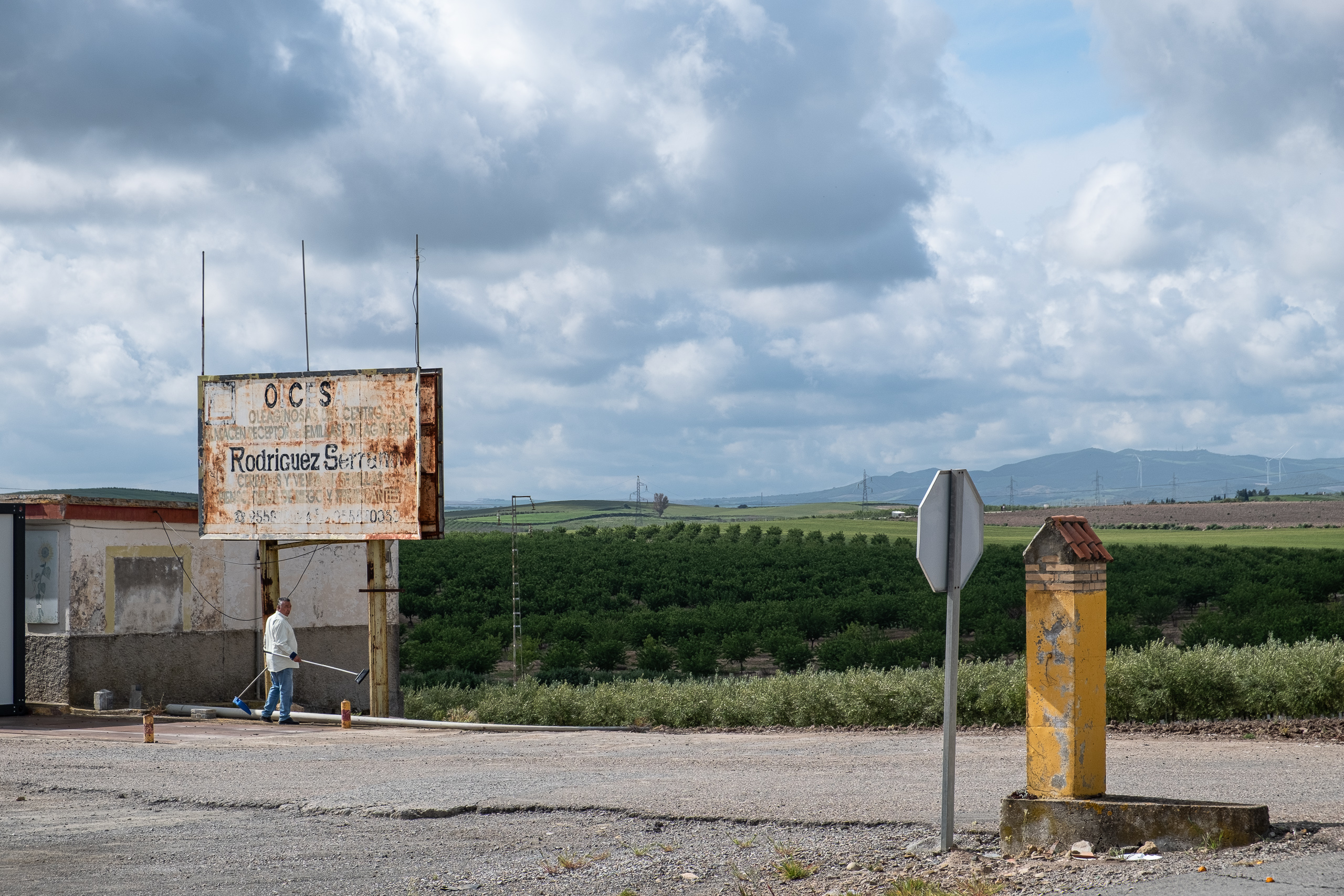 Altes Werbeschild an der Strecke – Orangenplantagen dahinter